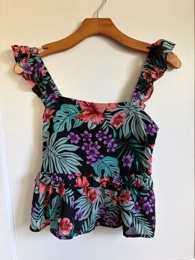Lost & Wander - Black Floral Ruffle Peplum Tank - Teal Pink Purple